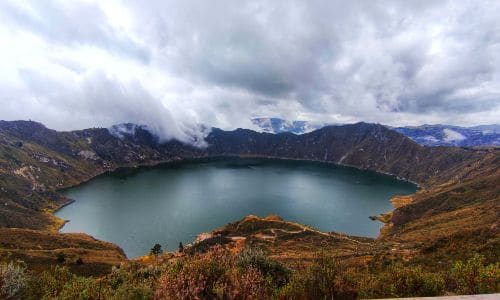 aerial shot of Quilotoa Lake in Ecuador