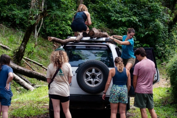 Interns packing wood on top of a car in Costa Rica