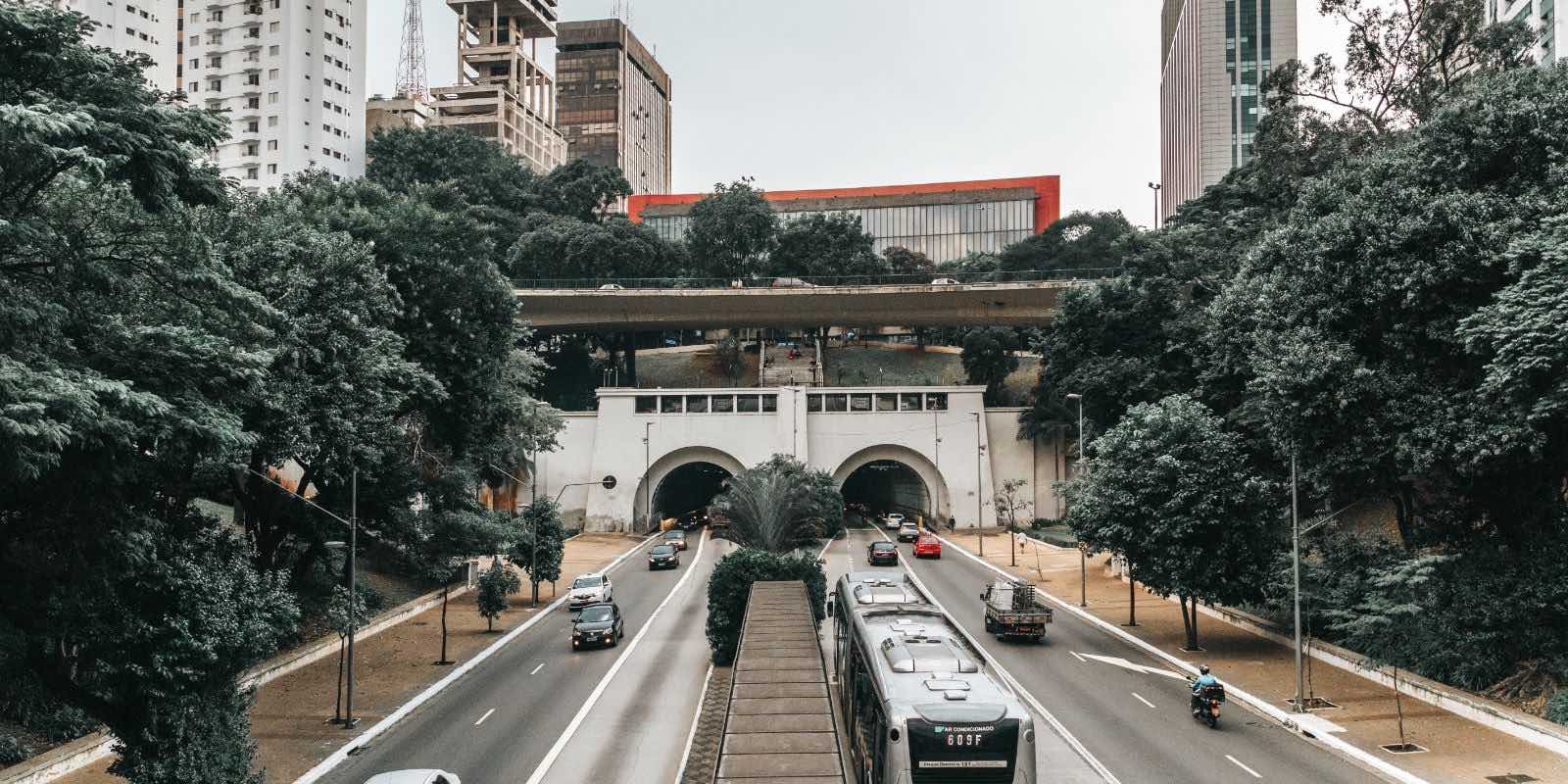 a road with buses and cars in São Paulo, SP, Brazil