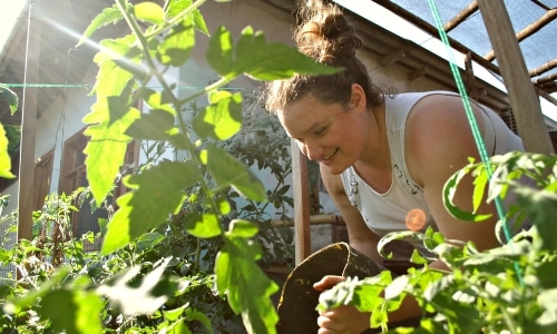 a woman watering plants