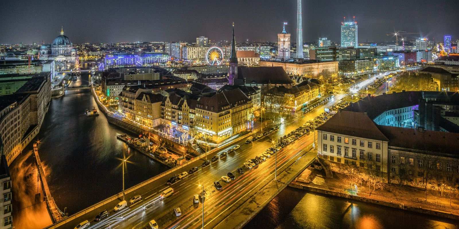 a night view of River Spree to Nikolaiviertel and Alexanderplatz