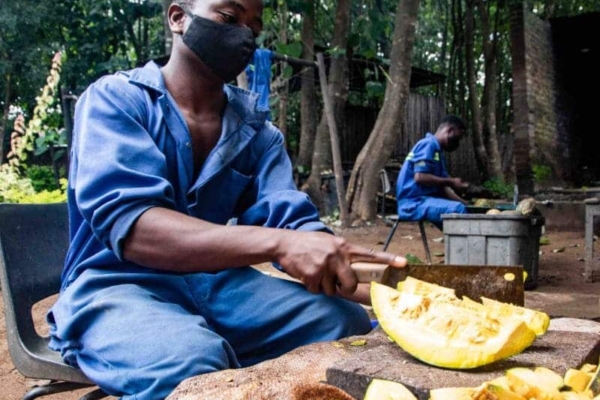 A caretaker at Lilongwe Wildlife Sanctuary prepares fresh fruit for rescued animals, ensuring proper nutrition as part of their rehabilitation.