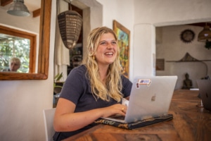 An intern enjoying her time while working.