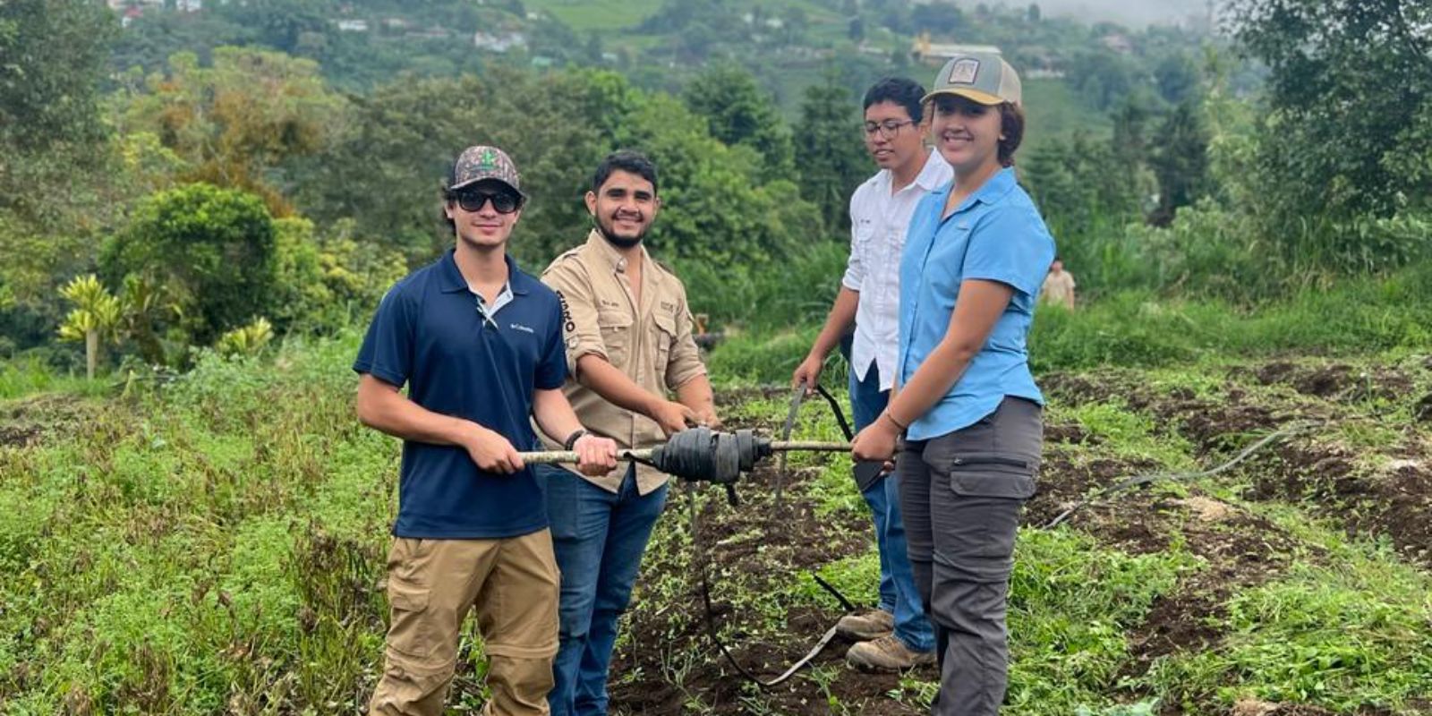 Four people working together in a field