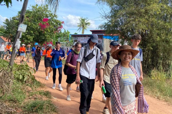 group of tourists with bike in Cambodia