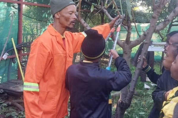 Guy giving instructions to children about plants